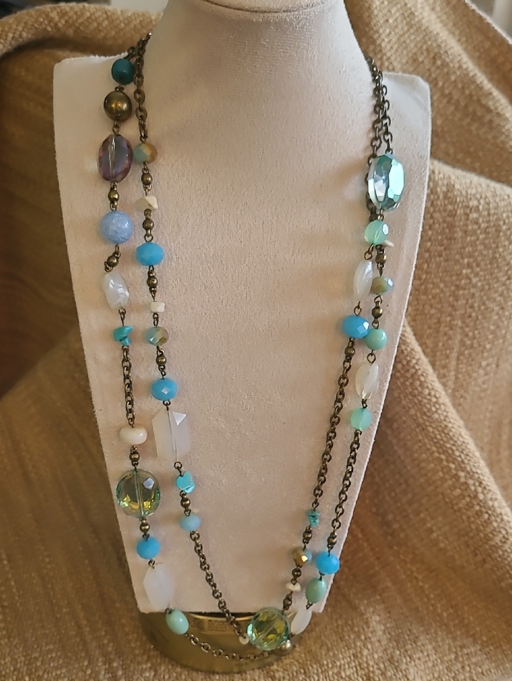 2/$22 Long Vintage Inspired Blue, Mint and Cream Glass and Acrylic Necklace